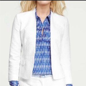 LOFT White Textured Open Front Slit Sleeve Blazer Jacket